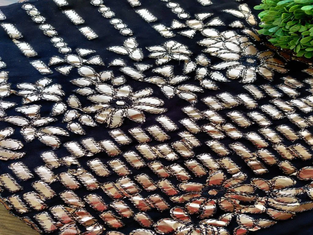 Black Rose Gold Gota Patti Floral Stripes Embroidered Georgette Fabric