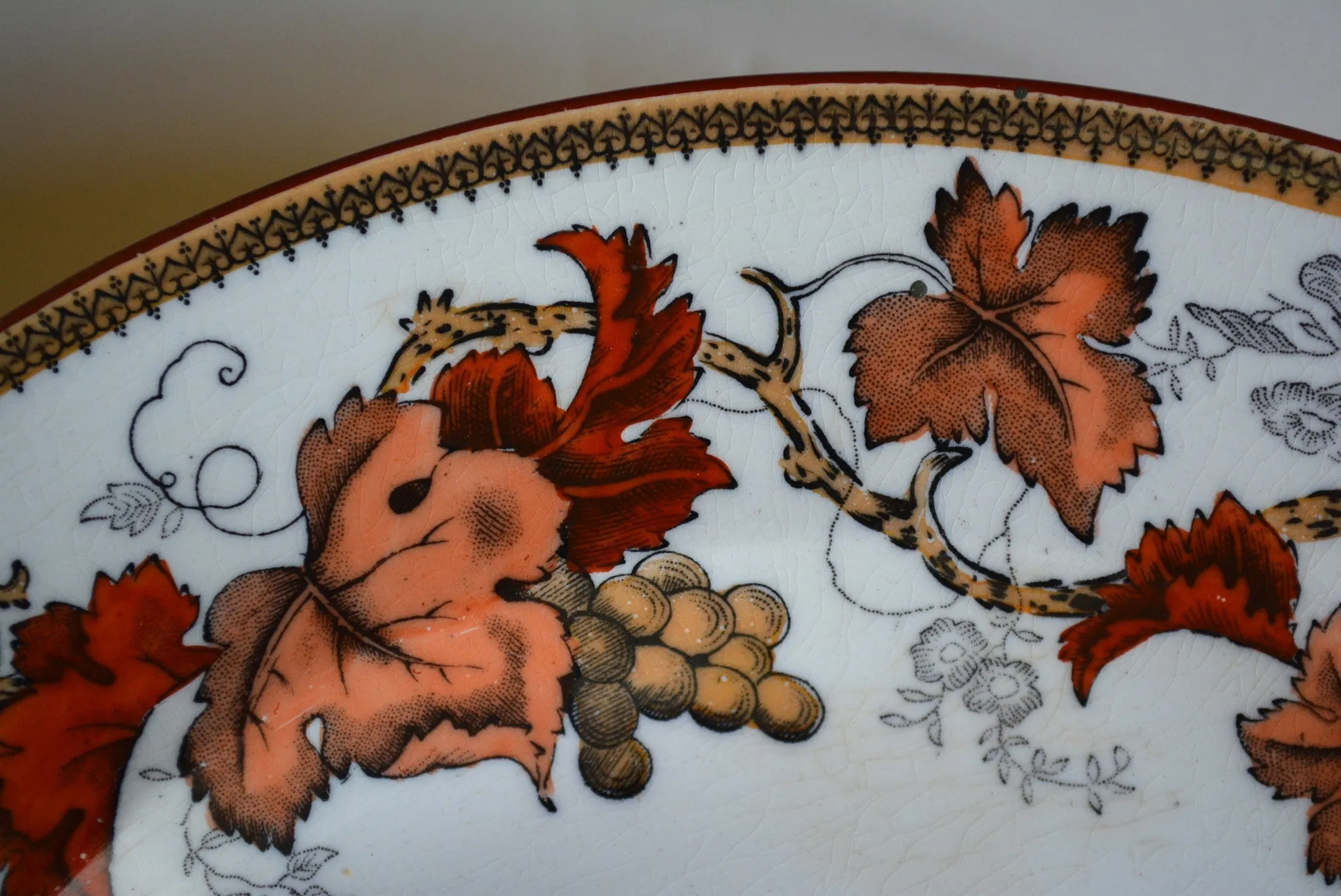 Black Transferware Hand Enameled Lustre Ware Plate Antique Wedgwood Vine Autumn Flowers