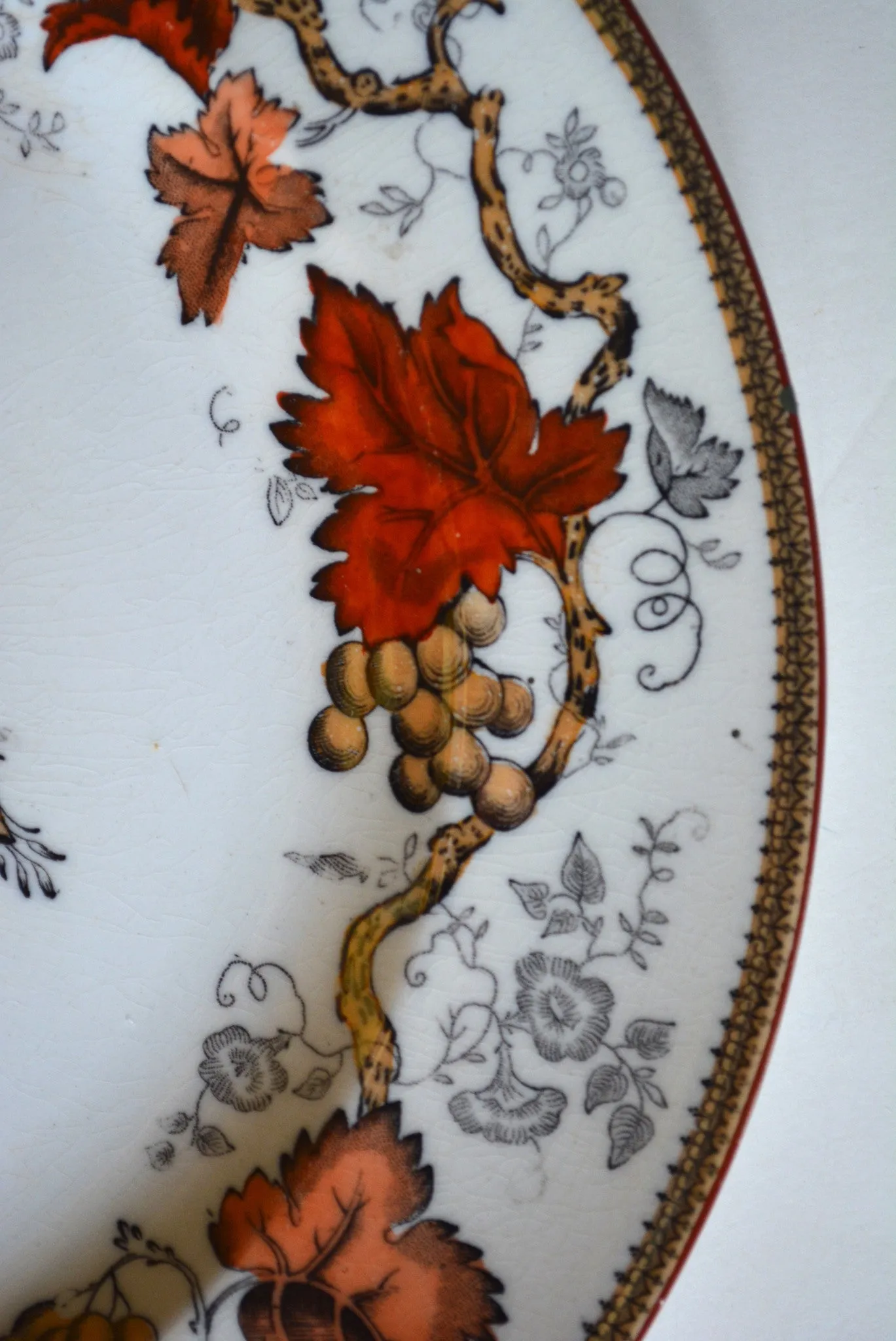 Black Transferware Hand Enameled Lustre Ware Plate Antique Wedgwood Vine Autumn Flowers