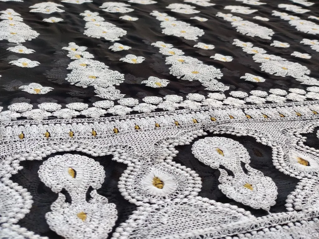 Black White Heavy Embroidered Lakhnawi Georgette Fabric with Border