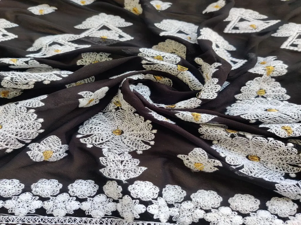 Black White Heavy Embroidered Lakhnawi Georgette Fabric with Border