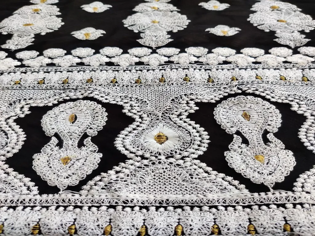 Black White Heavy Embroidered Lakhnawi Georgette Fabric with Border