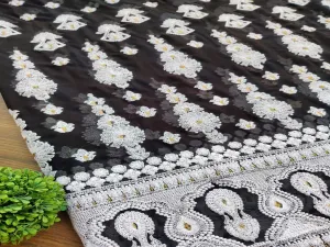 Black White Heavy Embroidered Lakhnawi Georgette Fabric with Border