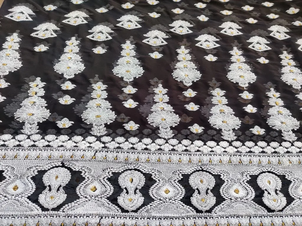 Black White Heavy Embroidered Lakhnawi Georgette Fabric with Border