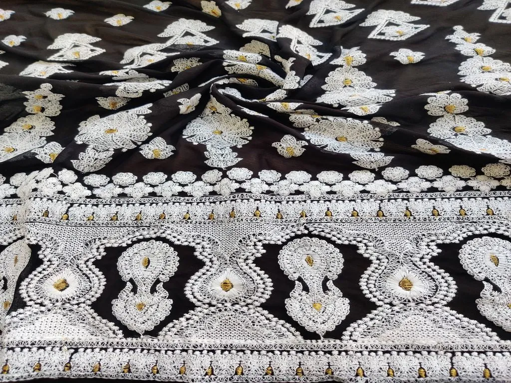 Black White Heavy Embroidered Lakhnawi Georgette Fabric with Border