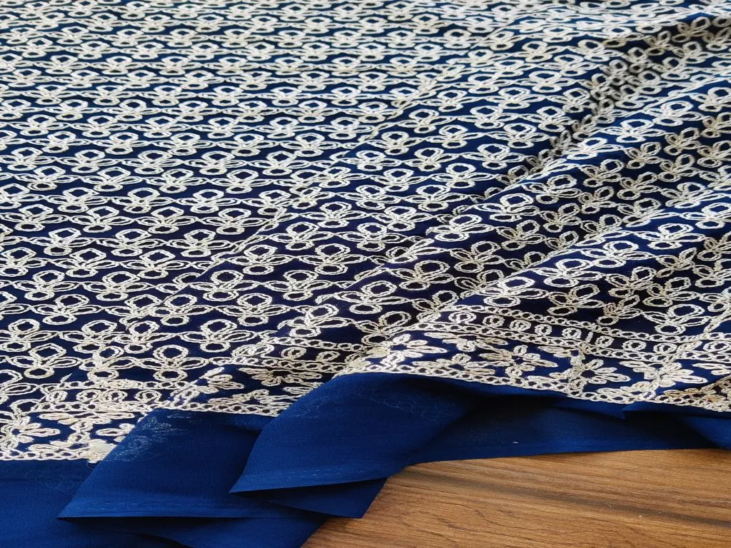 Blue & White Traditional Dori Embroidered Jaal Georgette Fabric