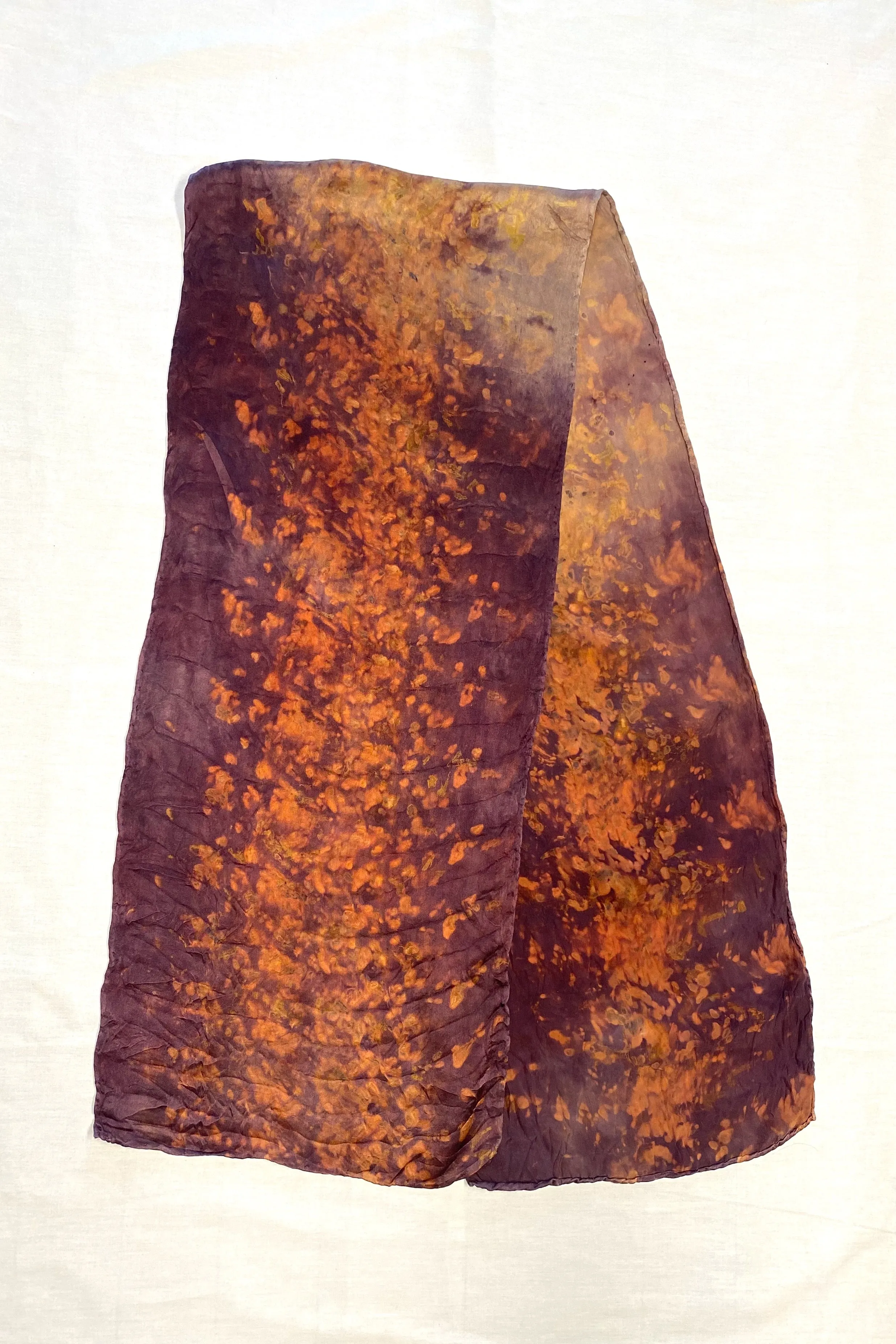 Botanically Dyed Long Silk Scarf in Plum Orange Foliage