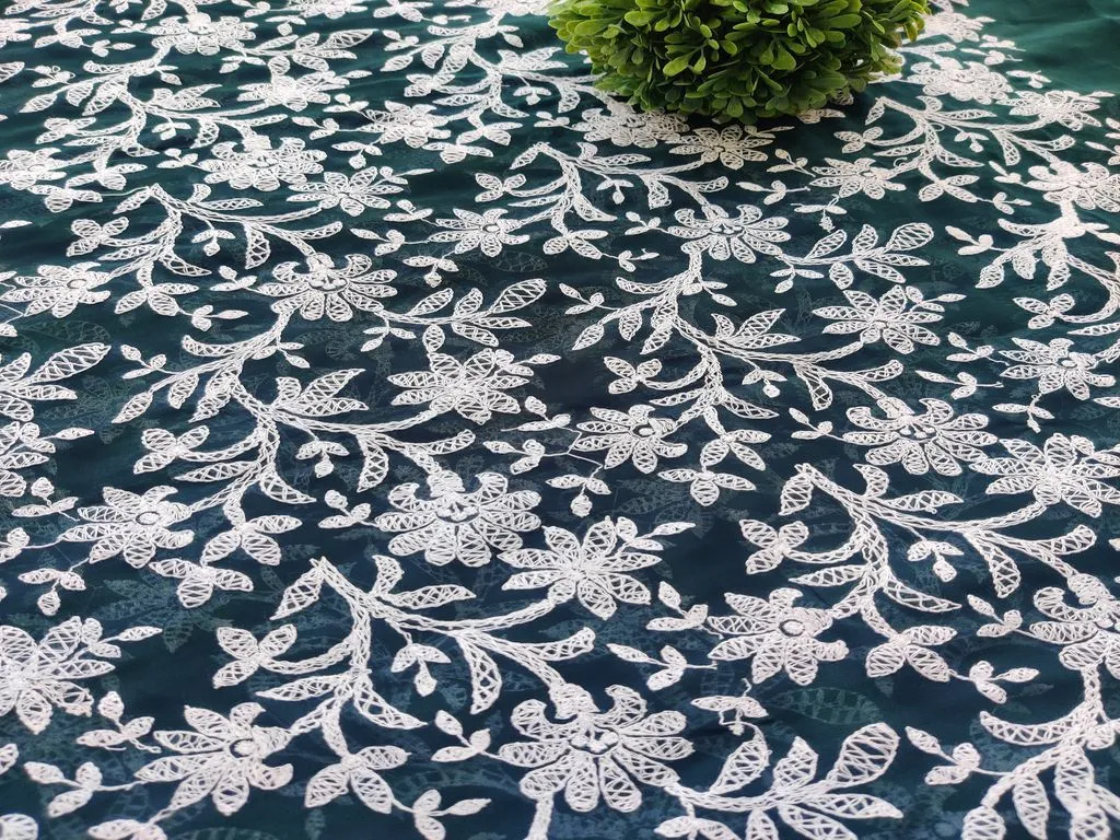 Bottle Green White Flowers Chikankari Embroidered Georgette Fabric