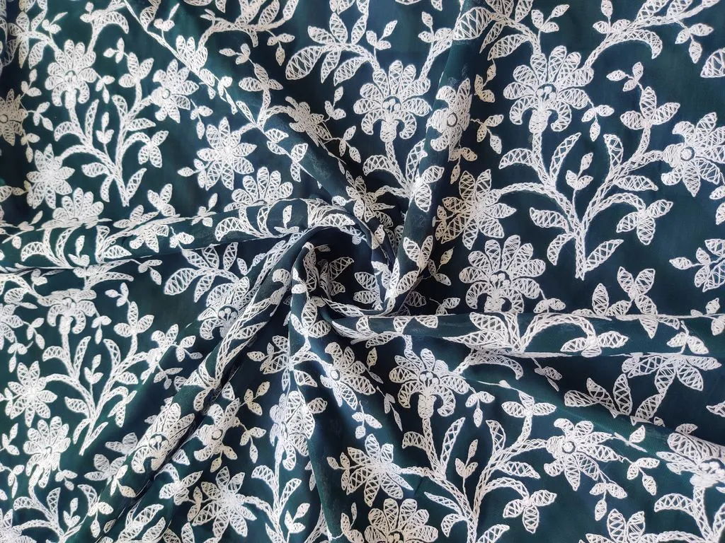 Bottle Green White Flowers Chikankari Embroidered Georgette Fabric