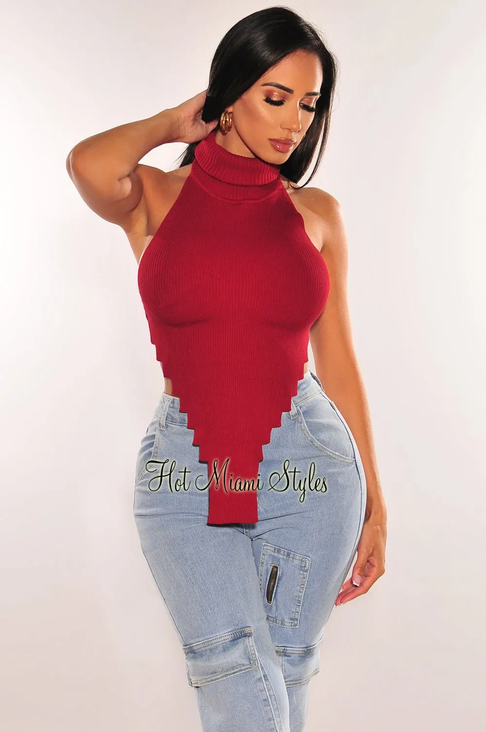 Burgundy Ribbed Knit Turtleneck Sleeveless Asymmetrical Crop Top