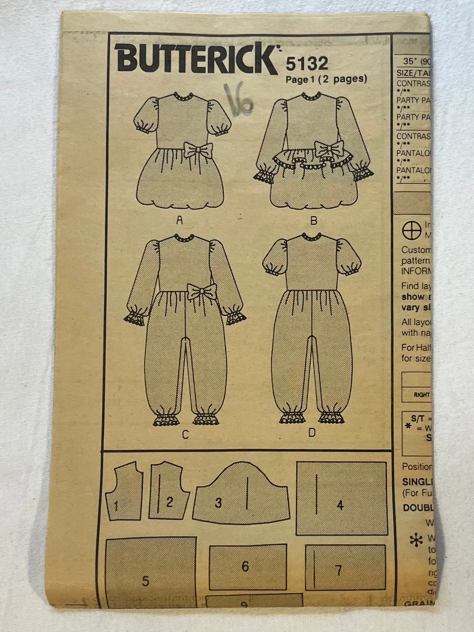 Butterick 5132 Sewing Pattern PARTIALLY CUT Childrens' Dress & Part Pants Sizes 1-3