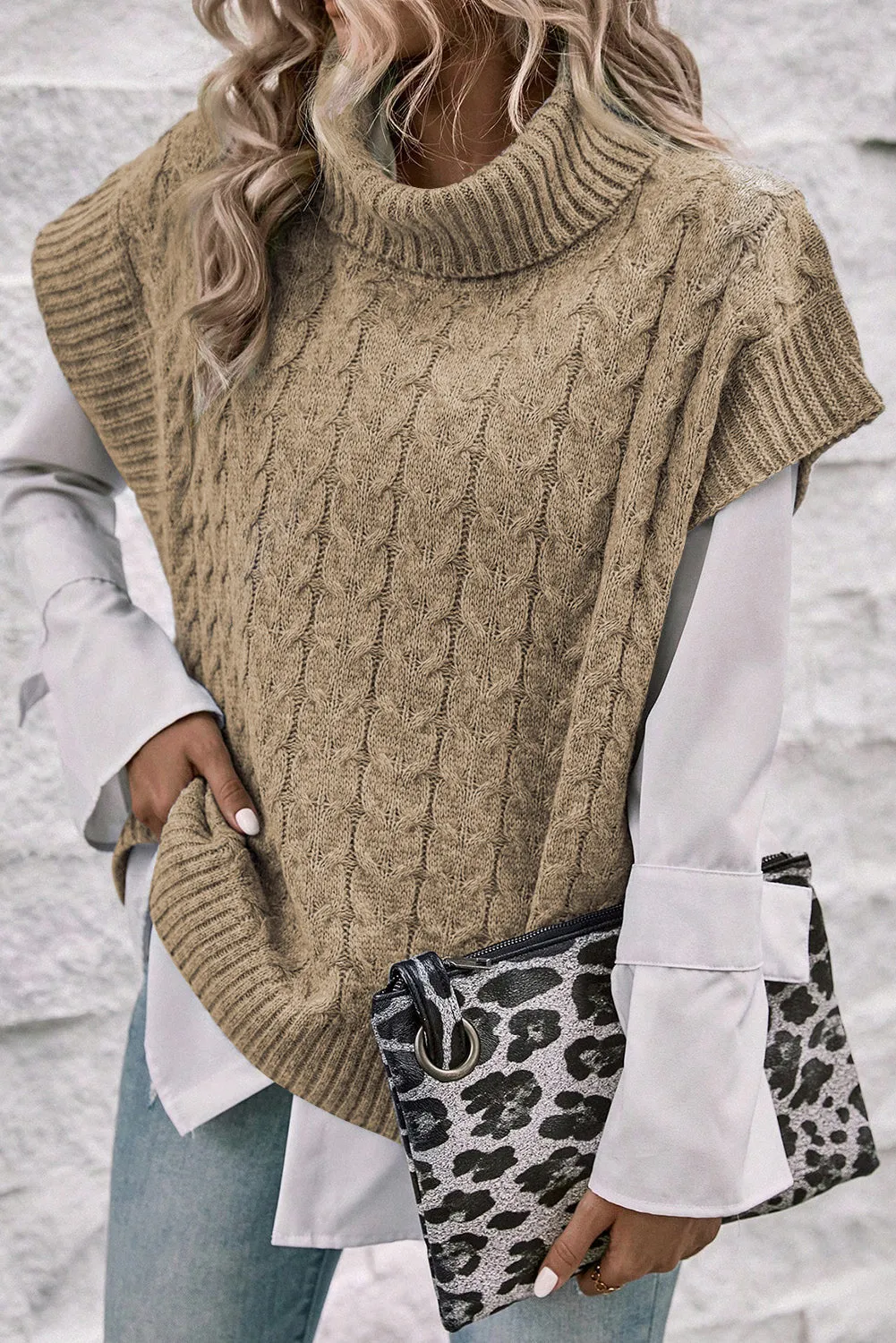 Cable Knit Turtleneck Batwing Sleeve Sweater