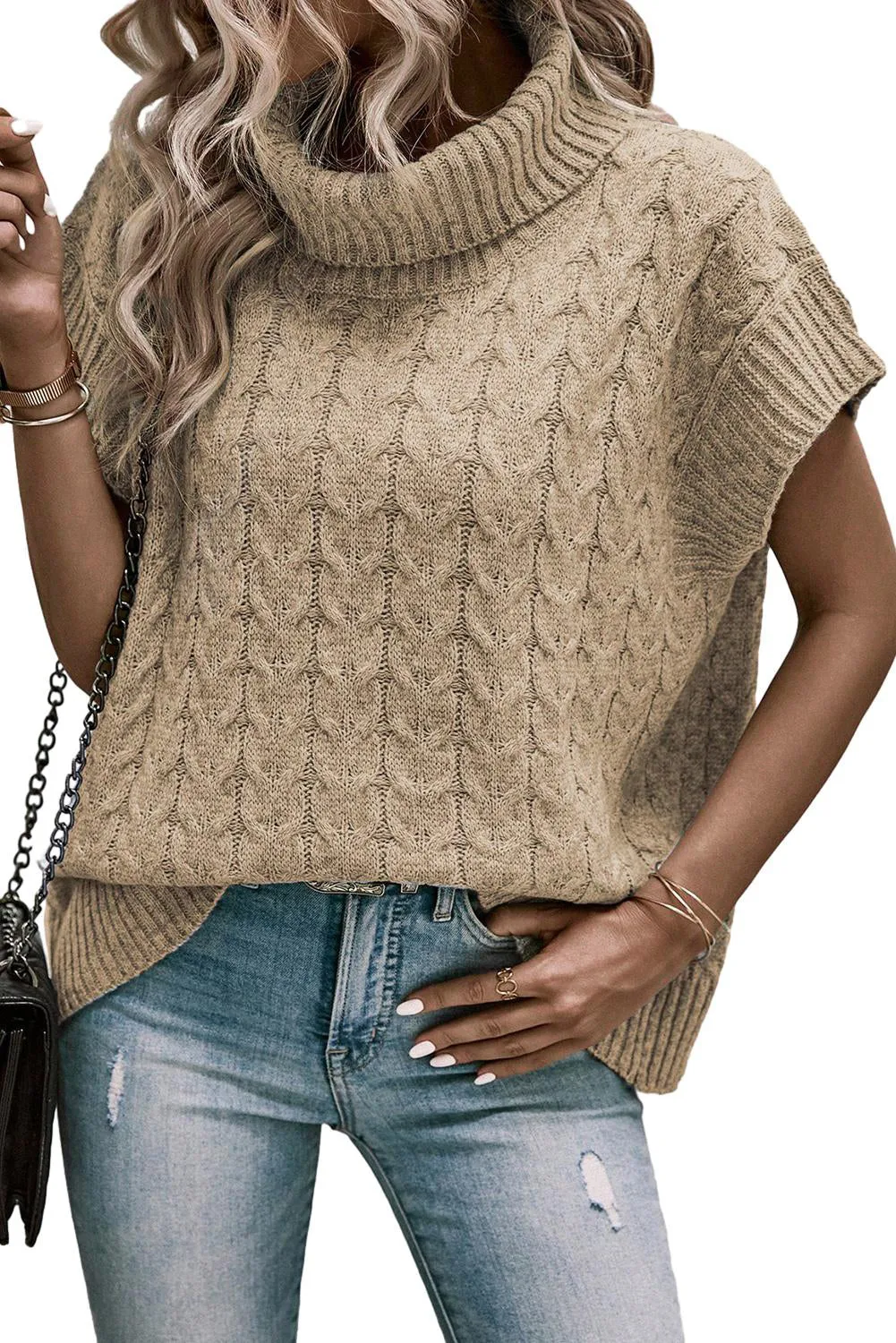 Cable Knit Turtleneck Batwing Sleeve Sweater