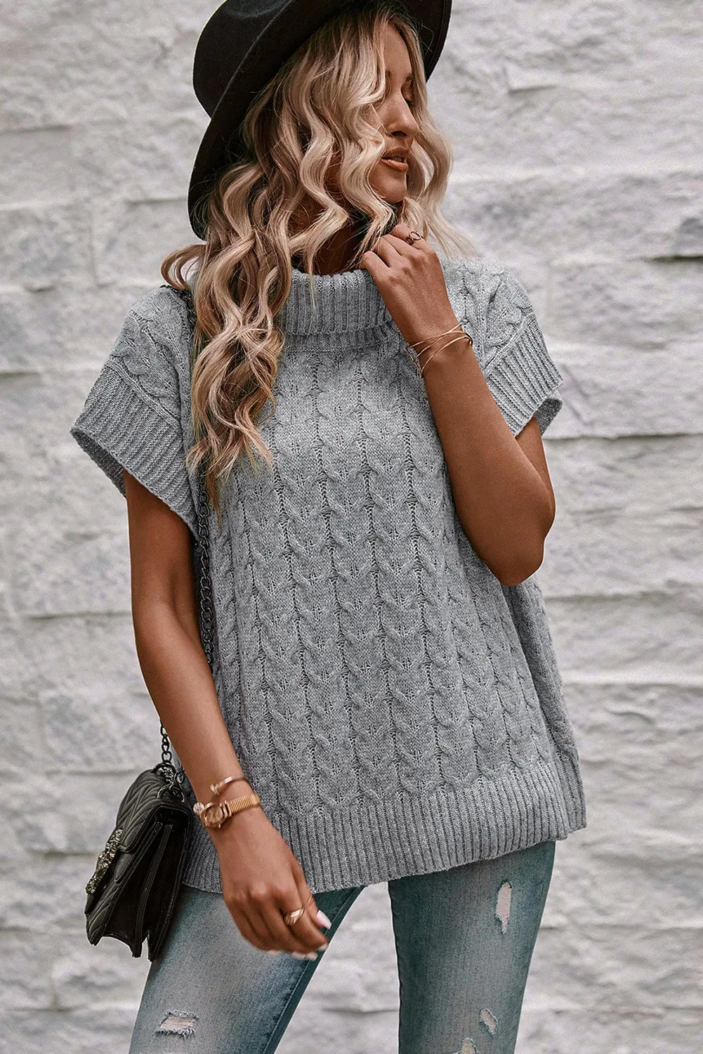 Cable Knit Turtleneck Batwing Sleeve Sweater