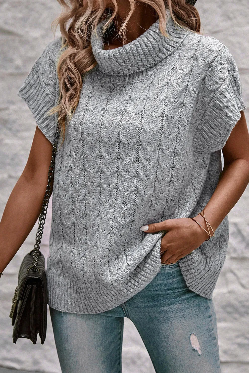 Cable Knit Turtleneck Batwing Sleeve Sweater