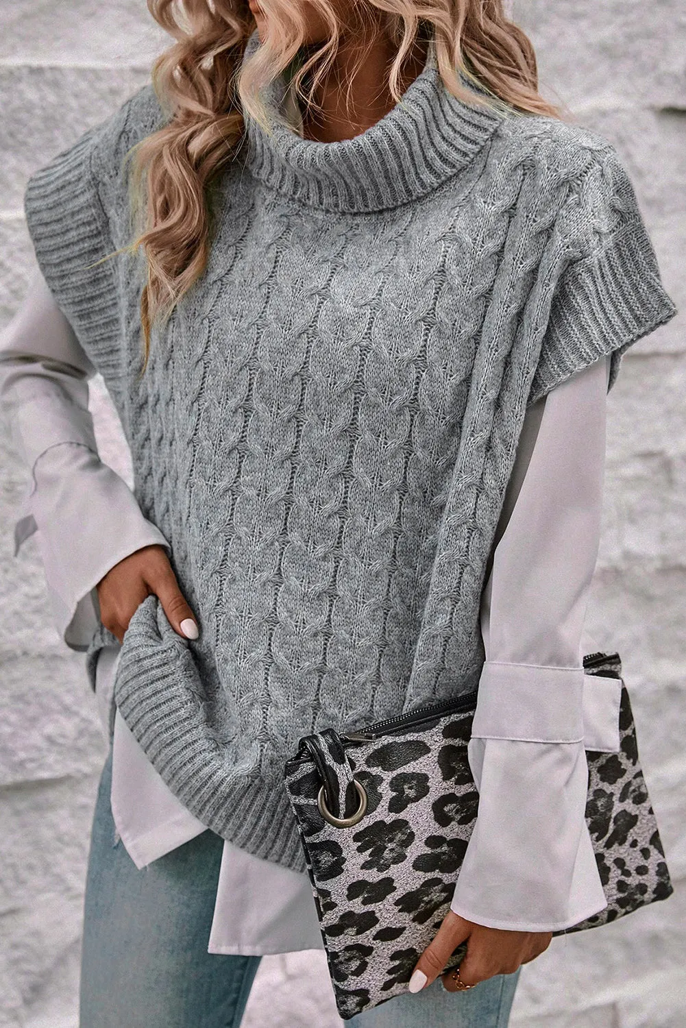 Cable Knit Turtleneck Batwing Sleeve Sweater