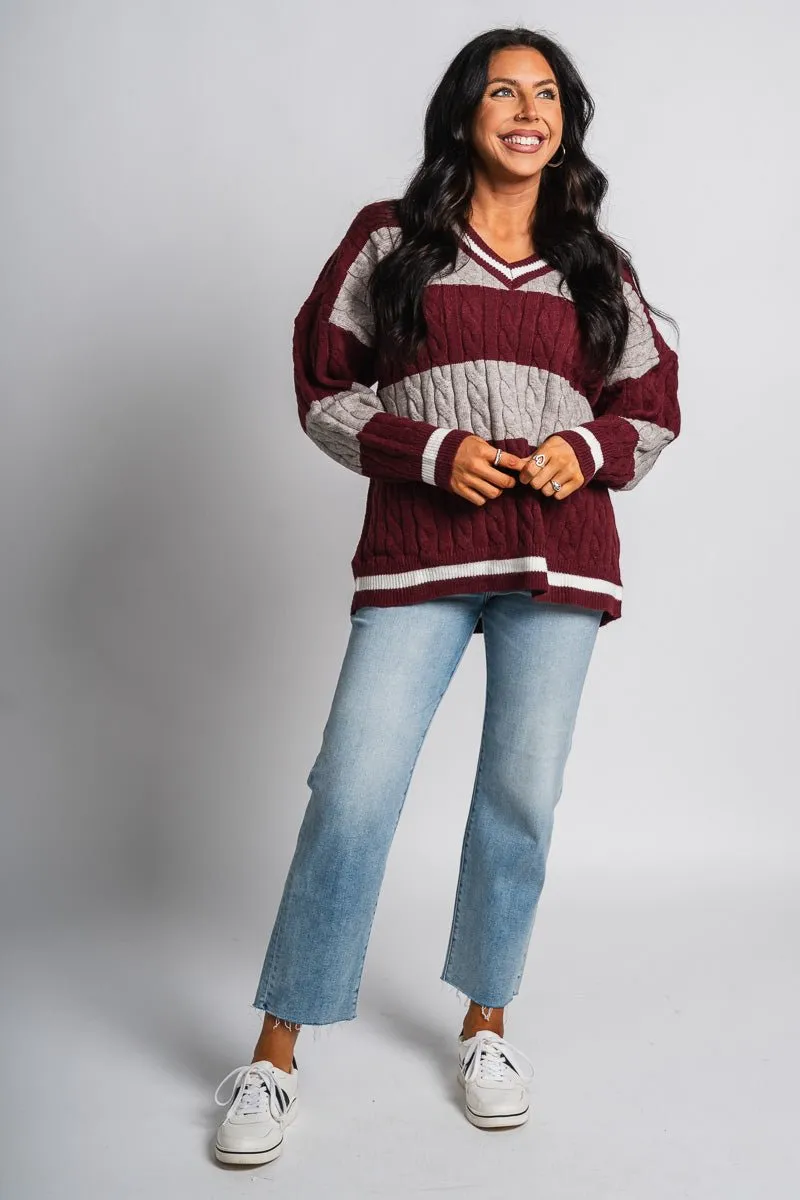 Cable knit varsity sweater garnet grey