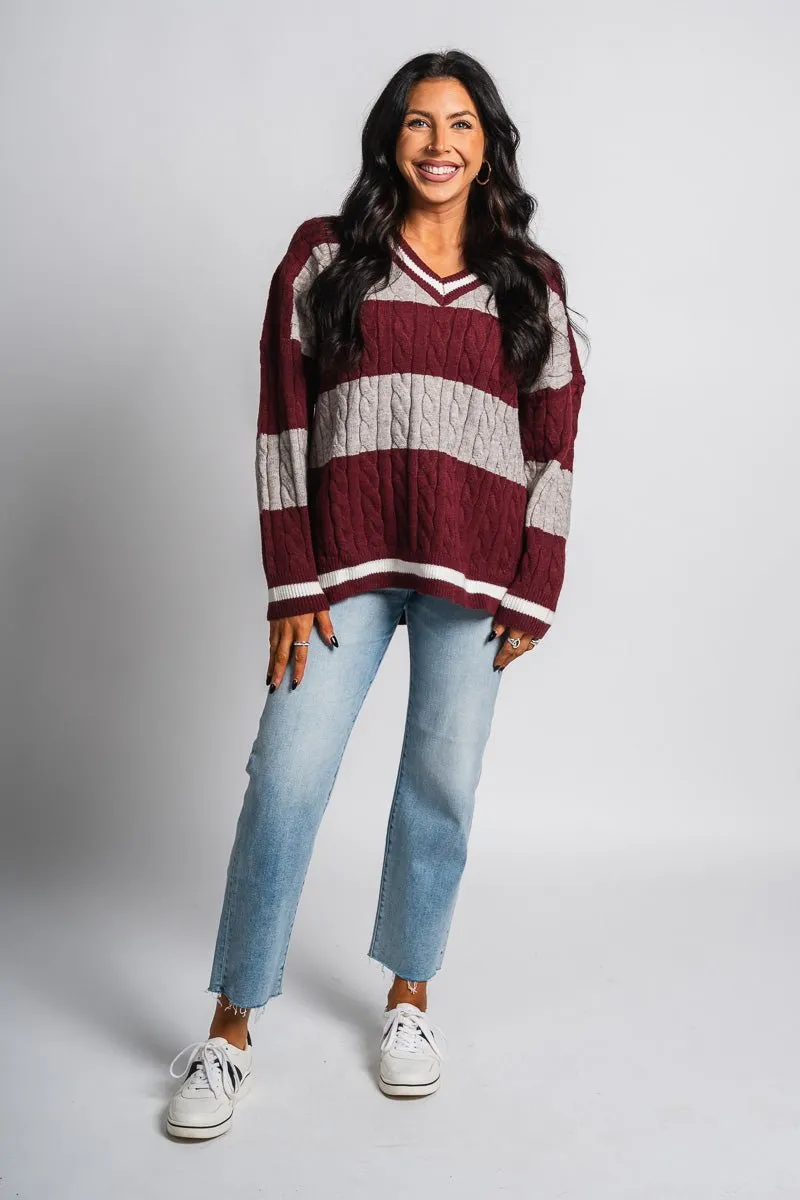 Cable knit varsity sweater garnet grey