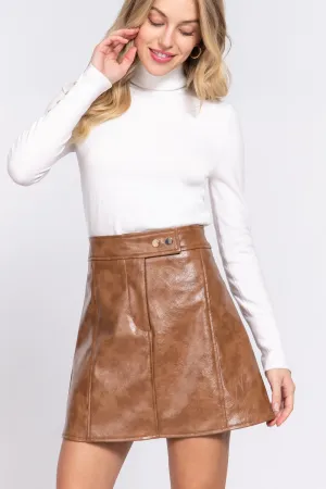 Camel A Line Vegan Leather Skirt