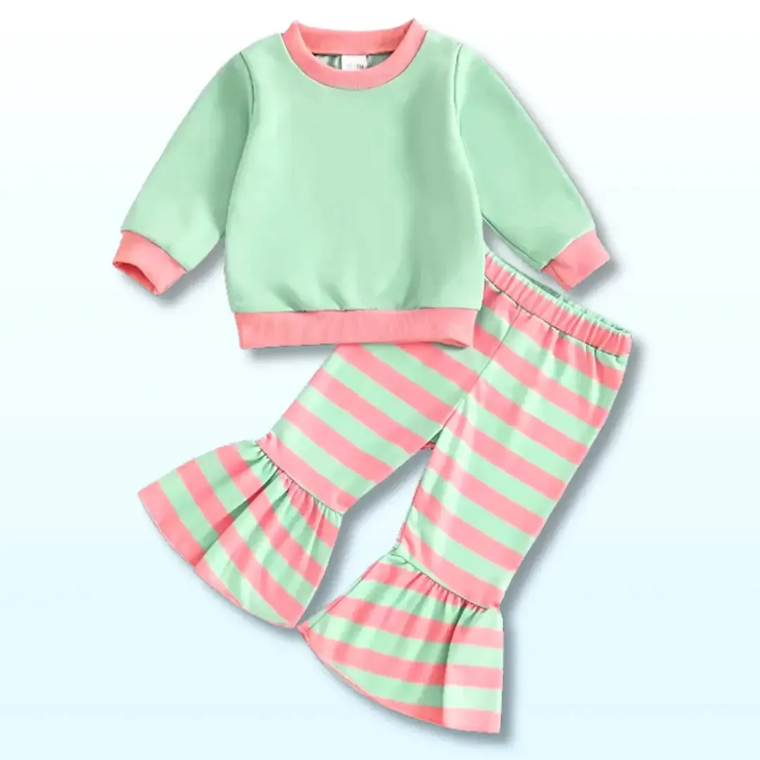 Candy Stripes Casual 🍬 Long Sleeve Sweatshirt   Striped Flare Pants (18M-5T)