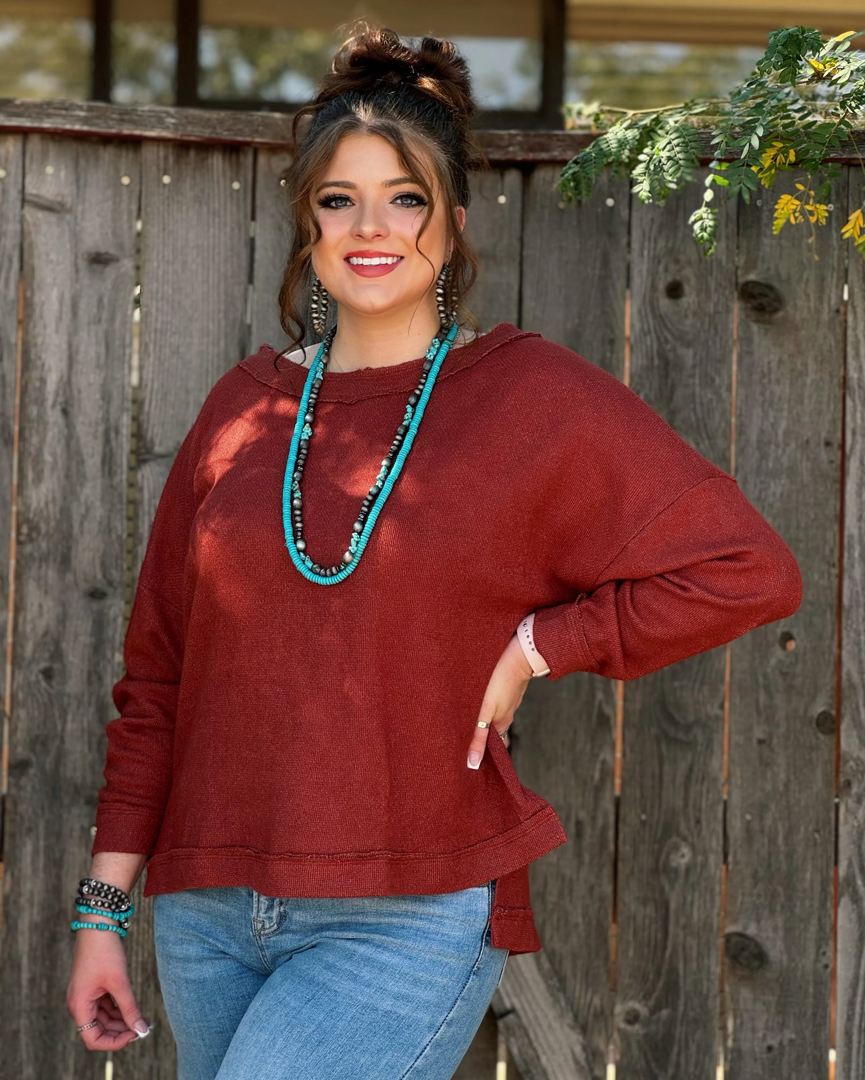 Carla Exposed Hem Rust Pullover