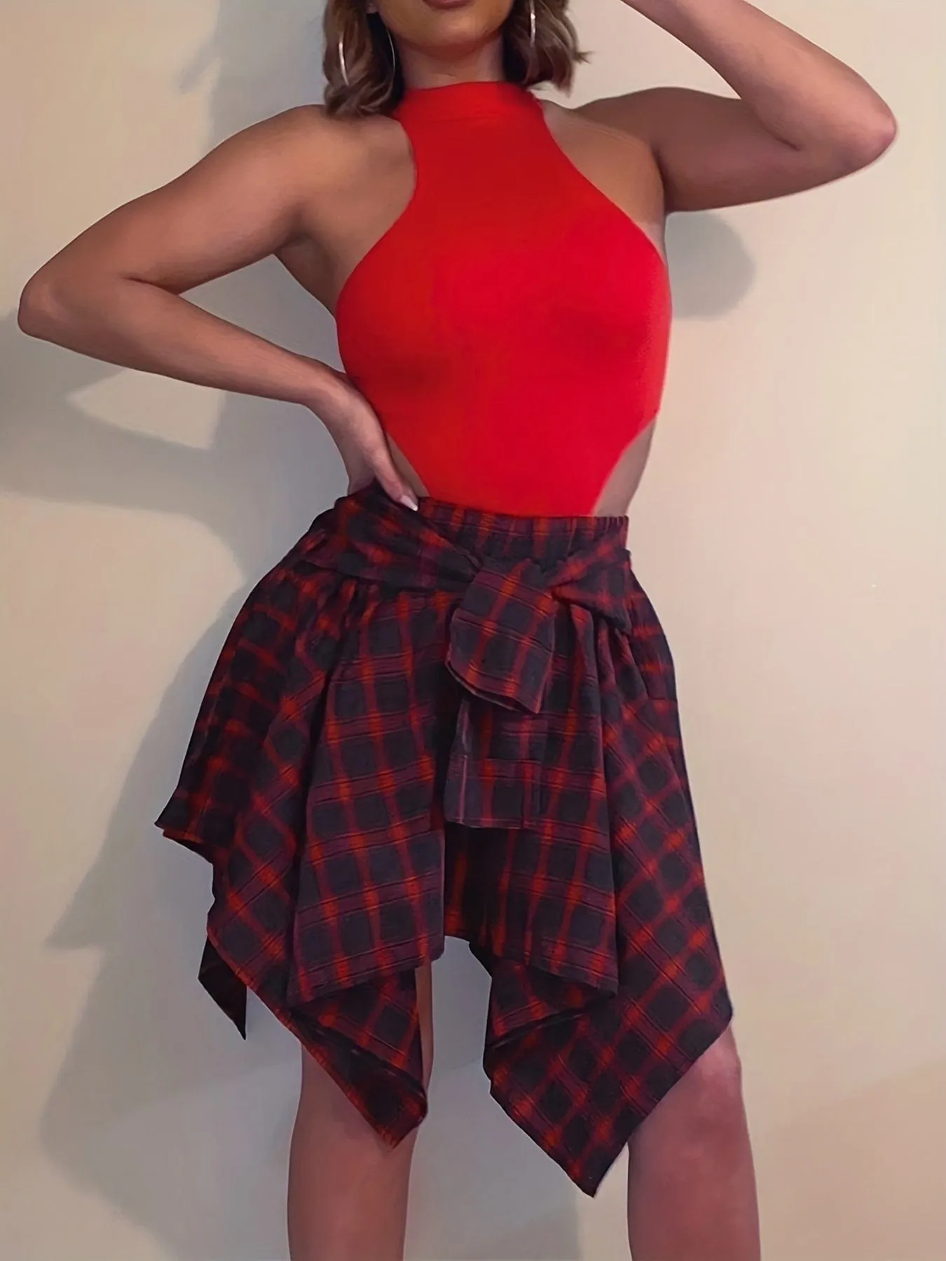 Casual Chic Plaid Asymmetrical Hem Midi Dress