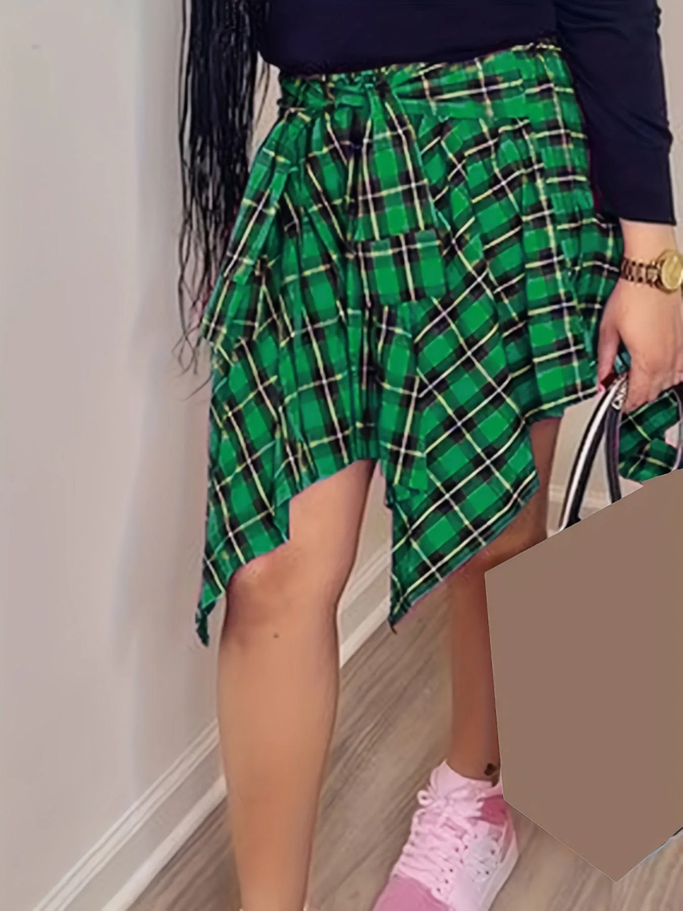 Casual Chic Plaid Asymmetrical Hem Midi Dress