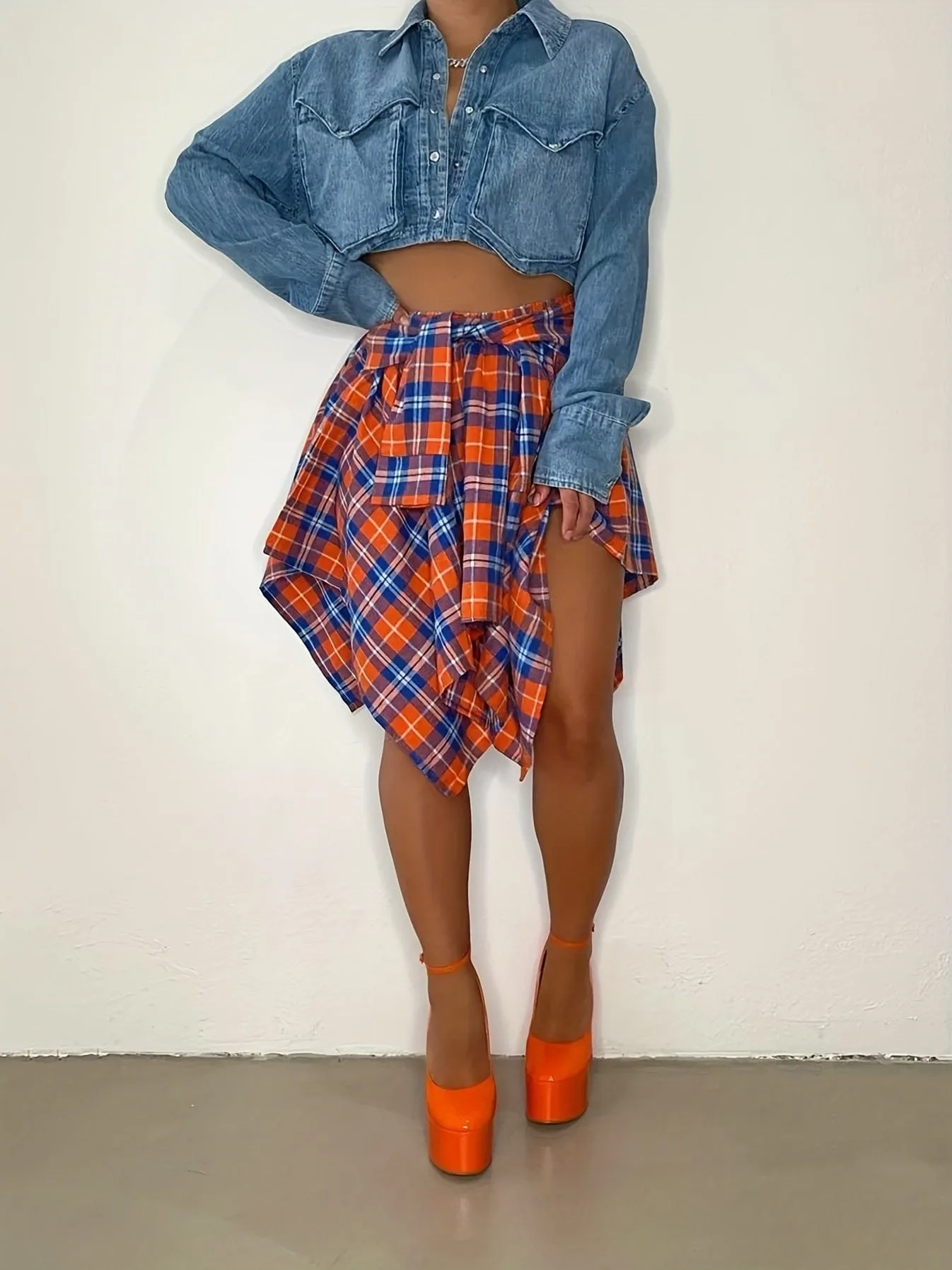 Casual Chic Plaid Asymmetrical Hem Midi Dress