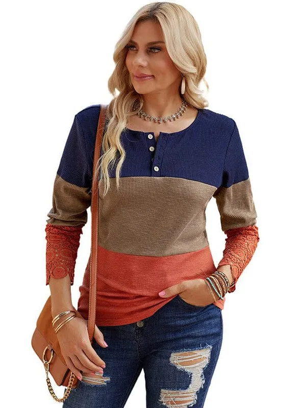 Casual Stylish Boat Neck Color Block Long Sleeve Sweater