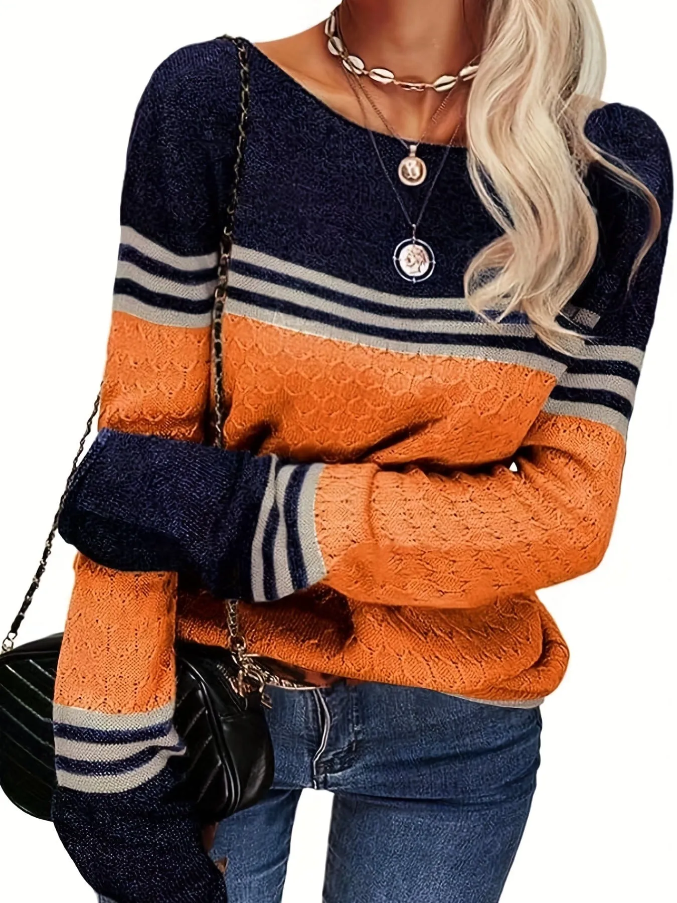 Casual Stylish Boat Neck Color Block Long Sleeve Sweater