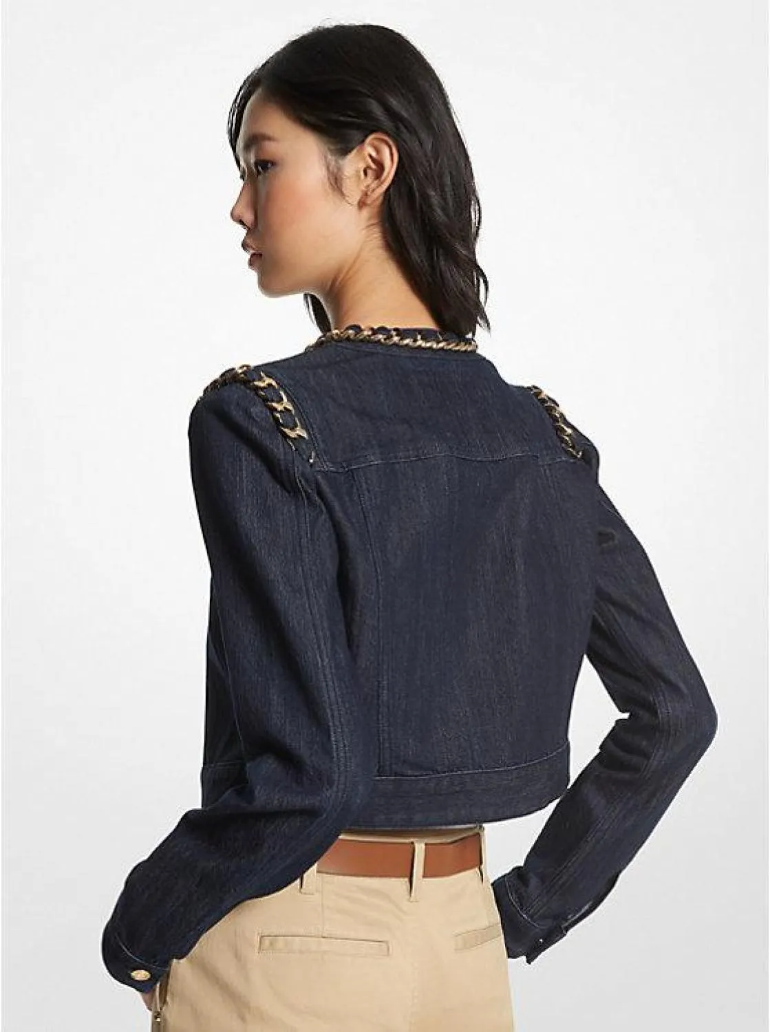 Chain-Link Stretch Denim Cropped Jacket