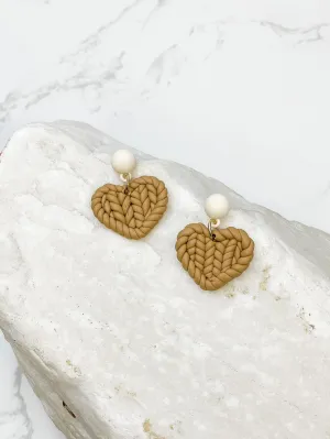 Clay Knit Heart Dangle Earrings - Beige