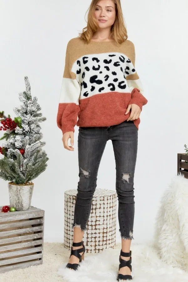 Color Block Printed Round Neck Sweater