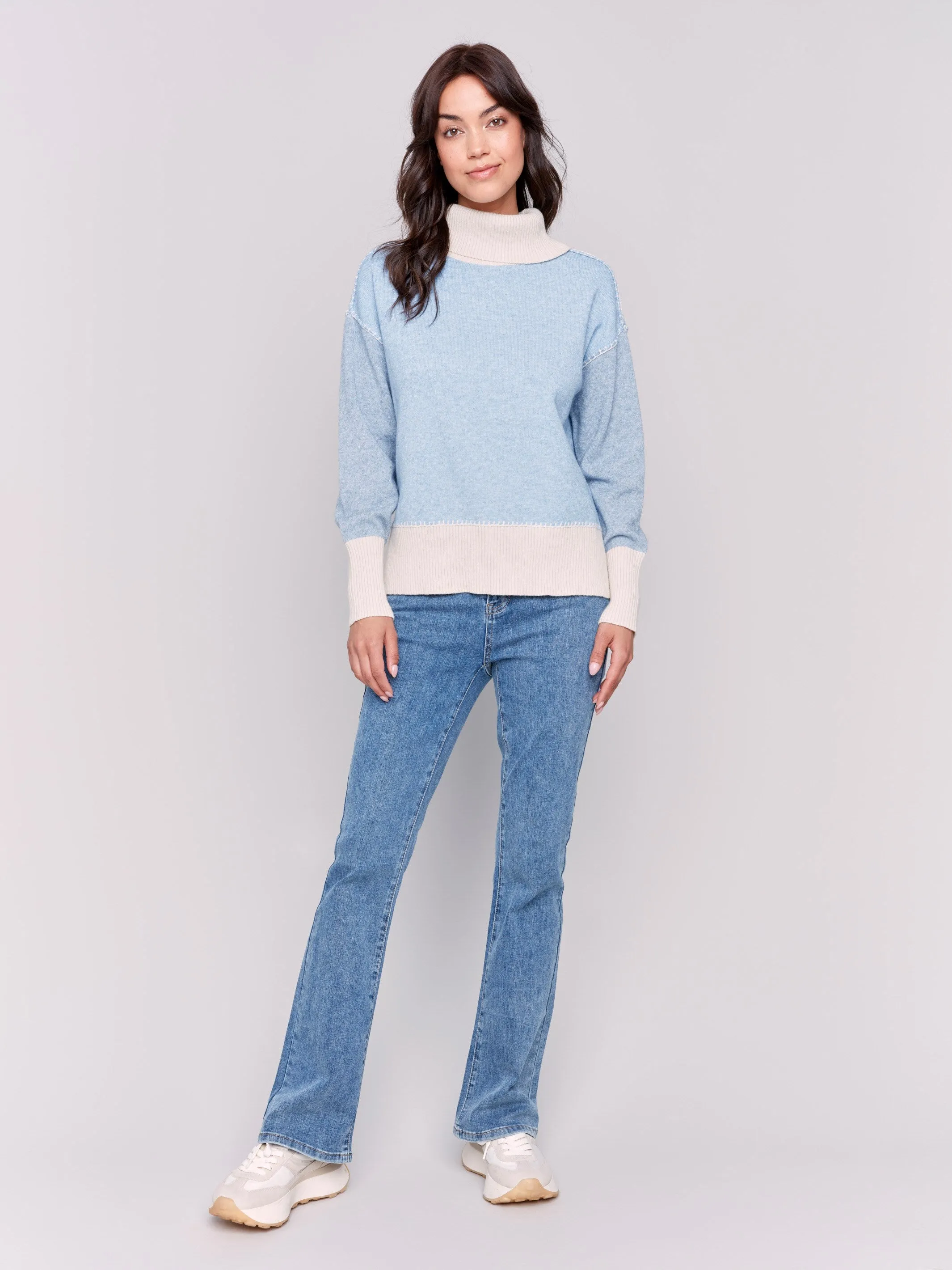 Color Block Turtleneck Sweater - Frost - H-Frost