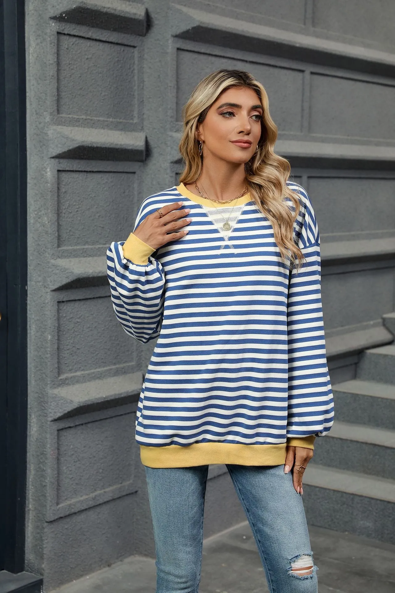 Contrasting Color Splicing Loose Long-sleeved Striped Crew Neck Sweater