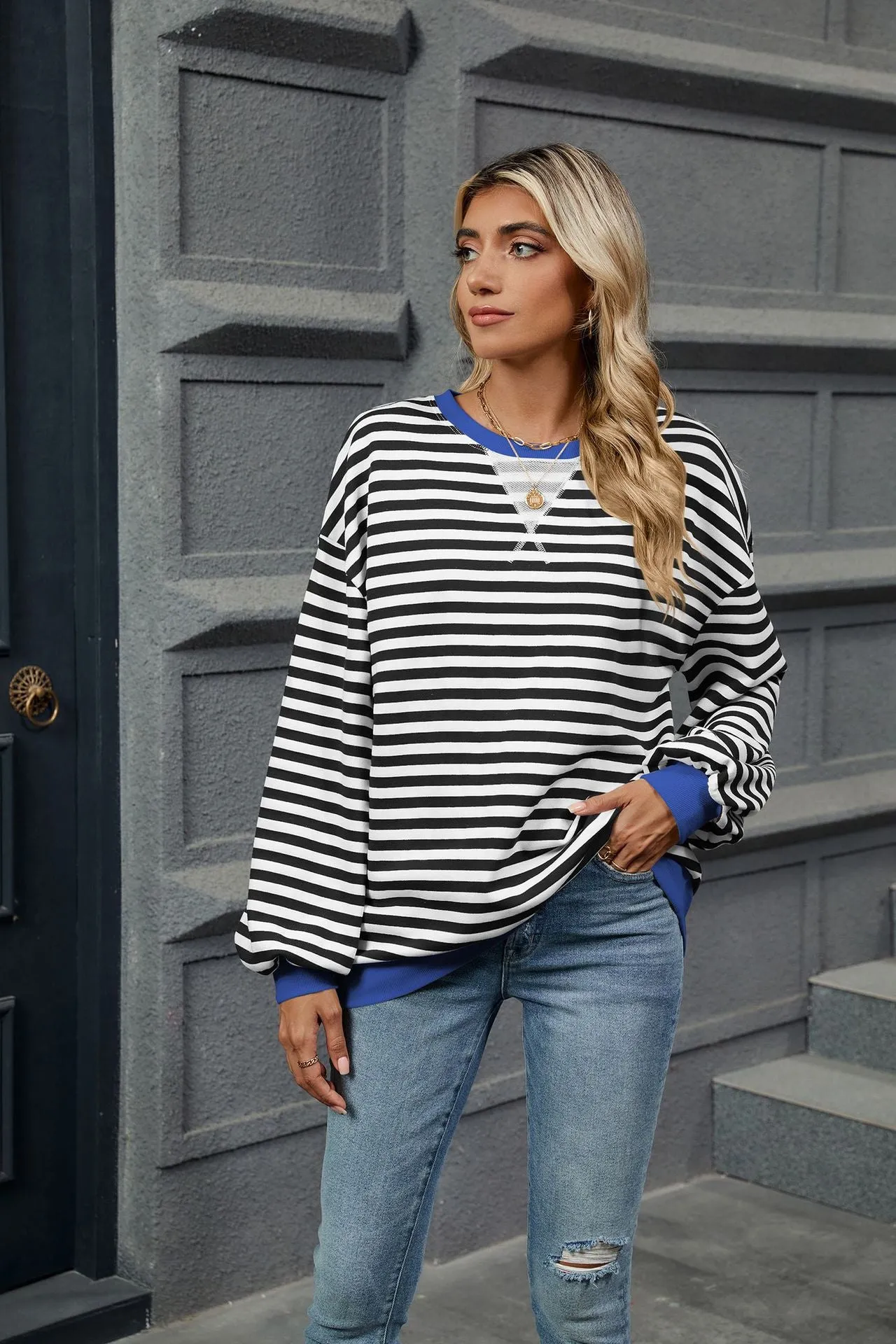 Contrasting Color Splicing Loose Long-sleeved Striped Crew Neck Sweater