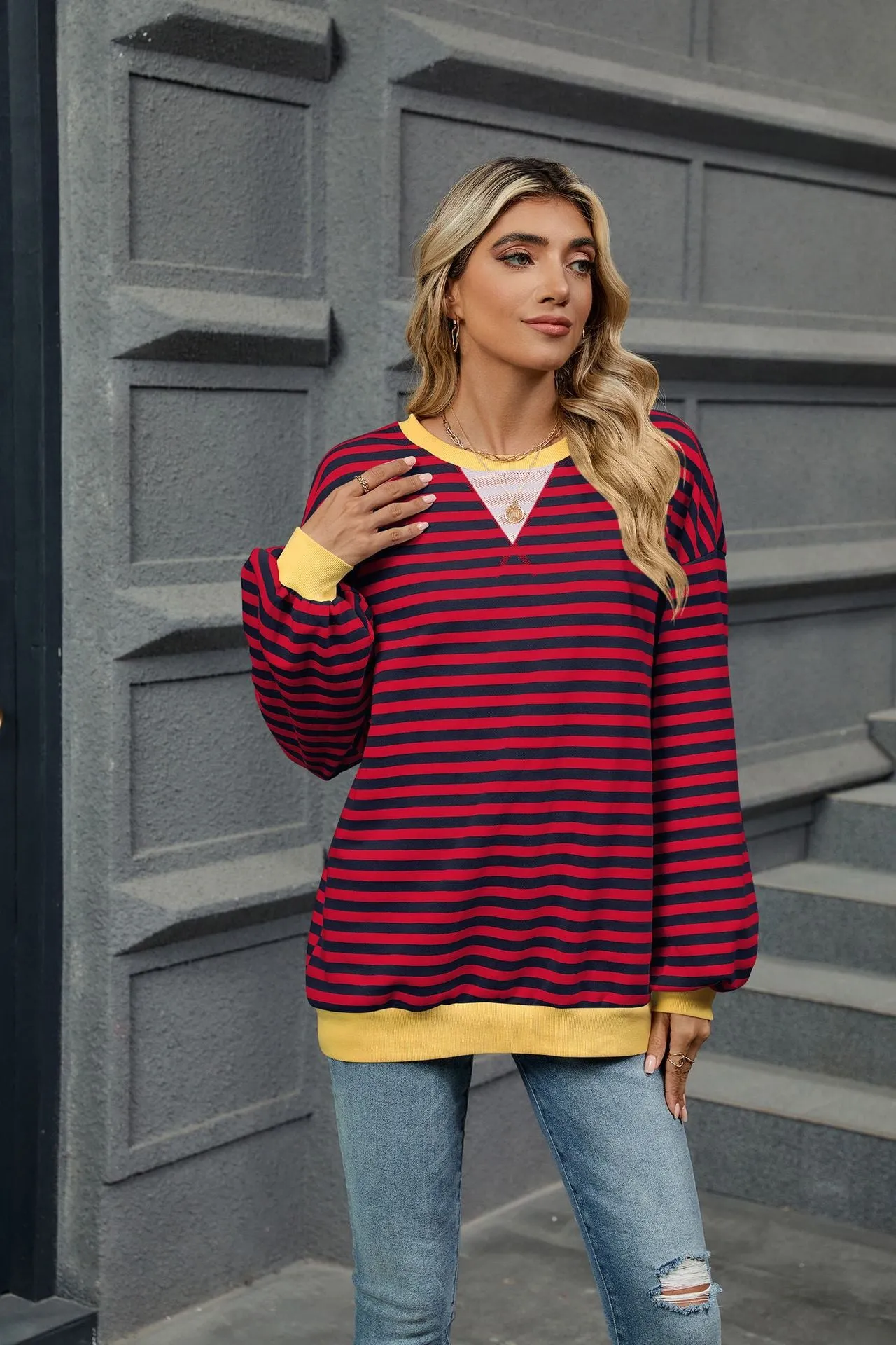 Contrasting Color Splicing Loose Long-sleeved Striped Crew Neck Sweater