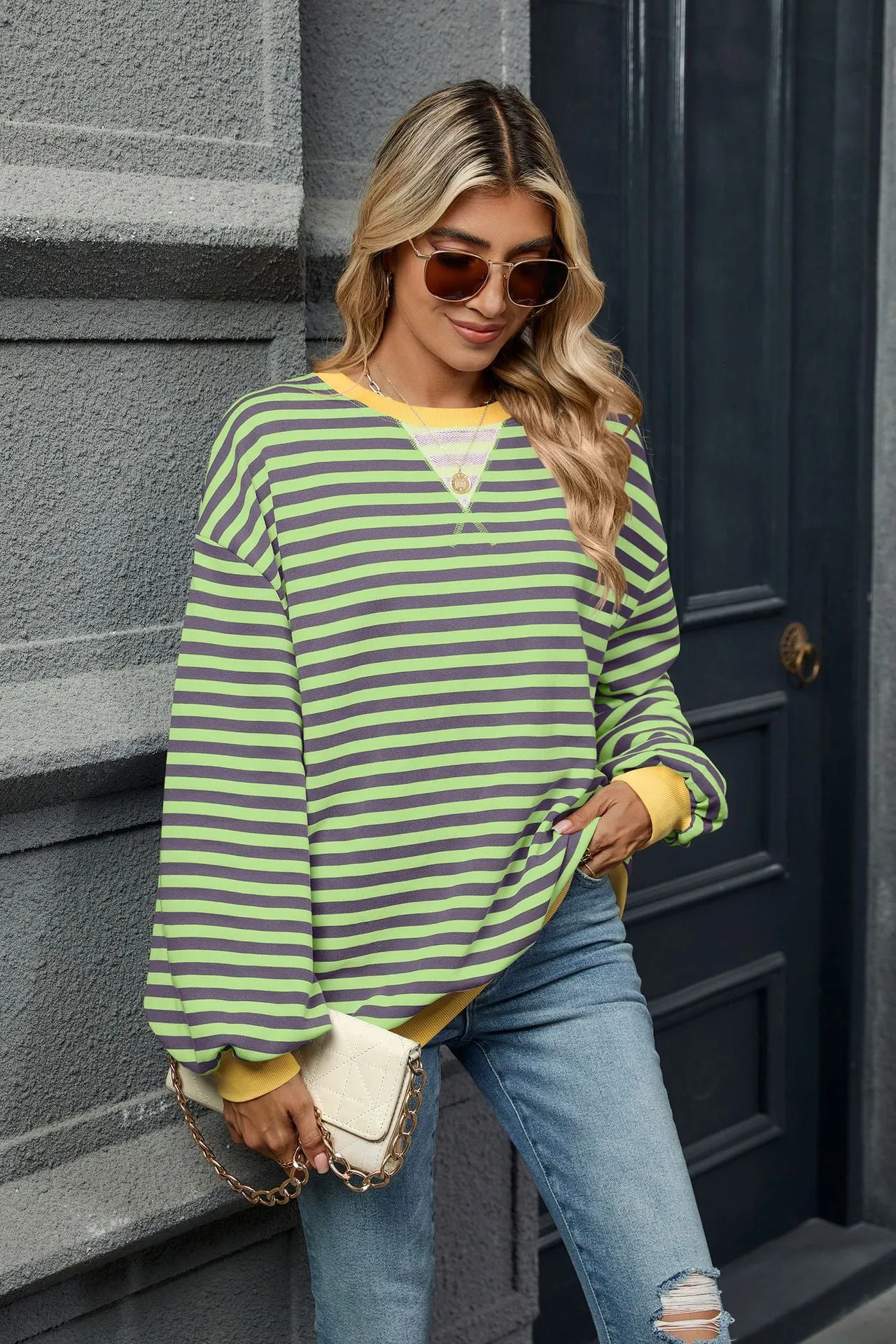 Contrasting Color Splicing Loose Long-sleeved Striped Crew Neck Sweater