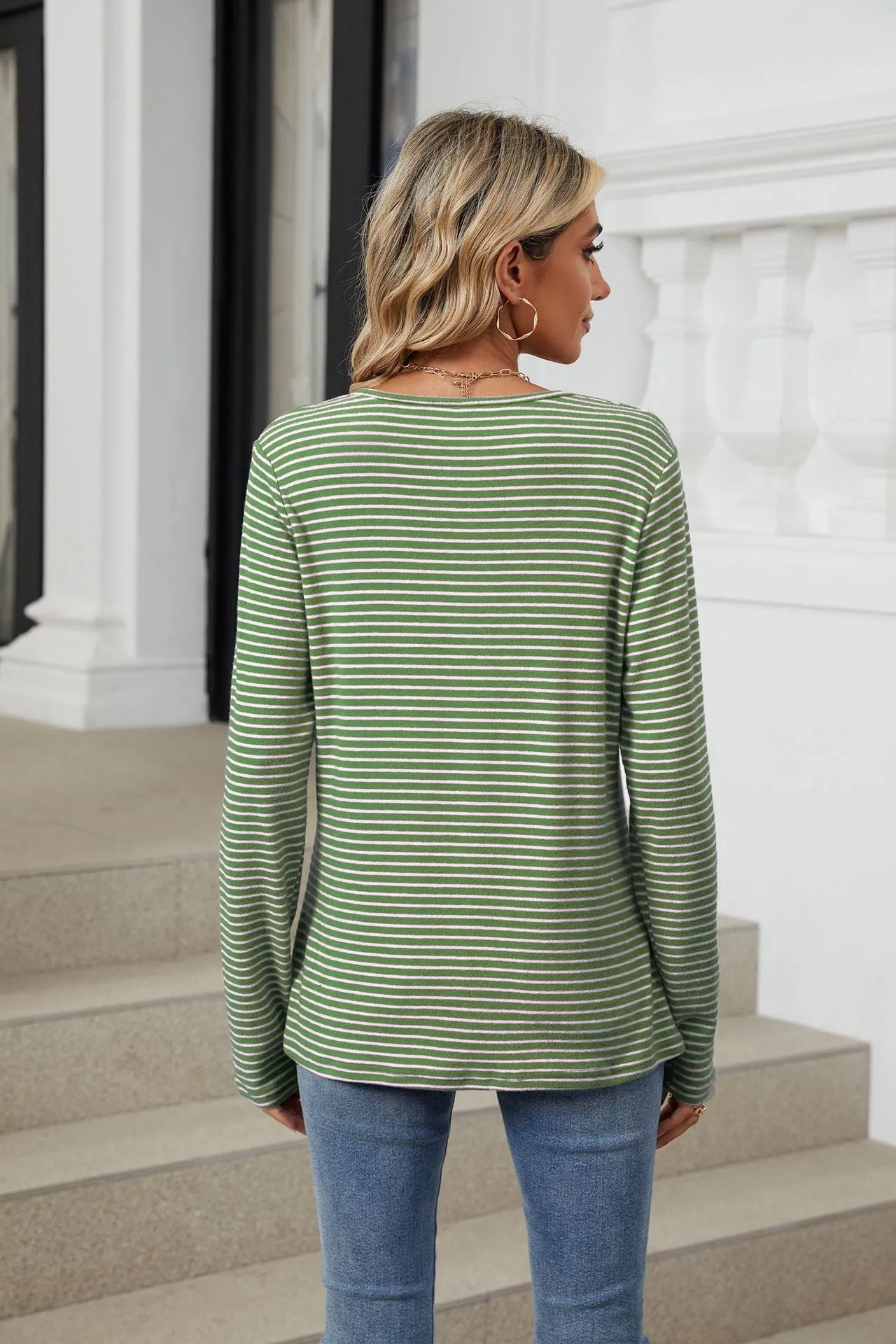 Crew Neck Button Loose Long Sleeve Striped