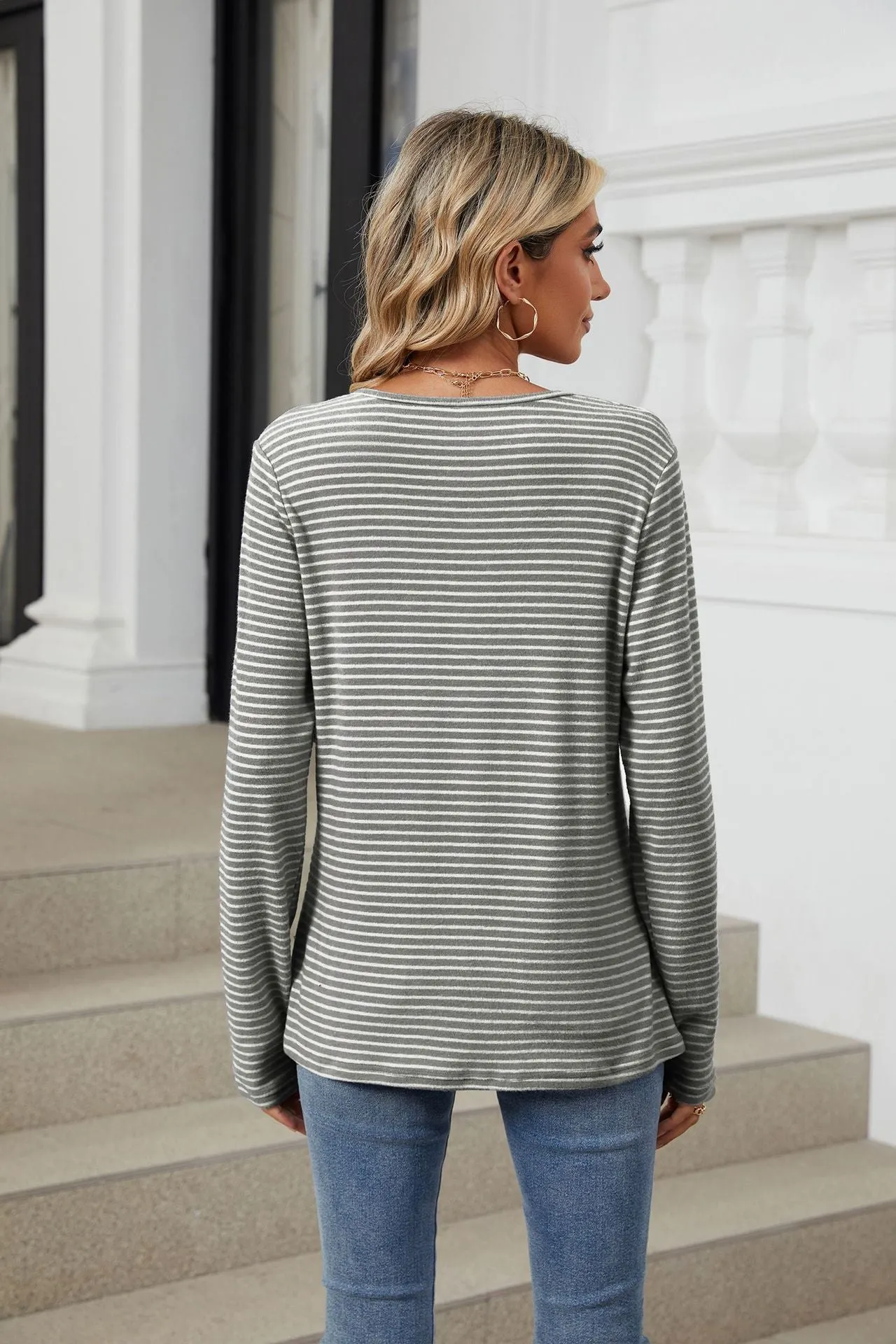 Crew Neck Button Loose Long Sleeve Striped