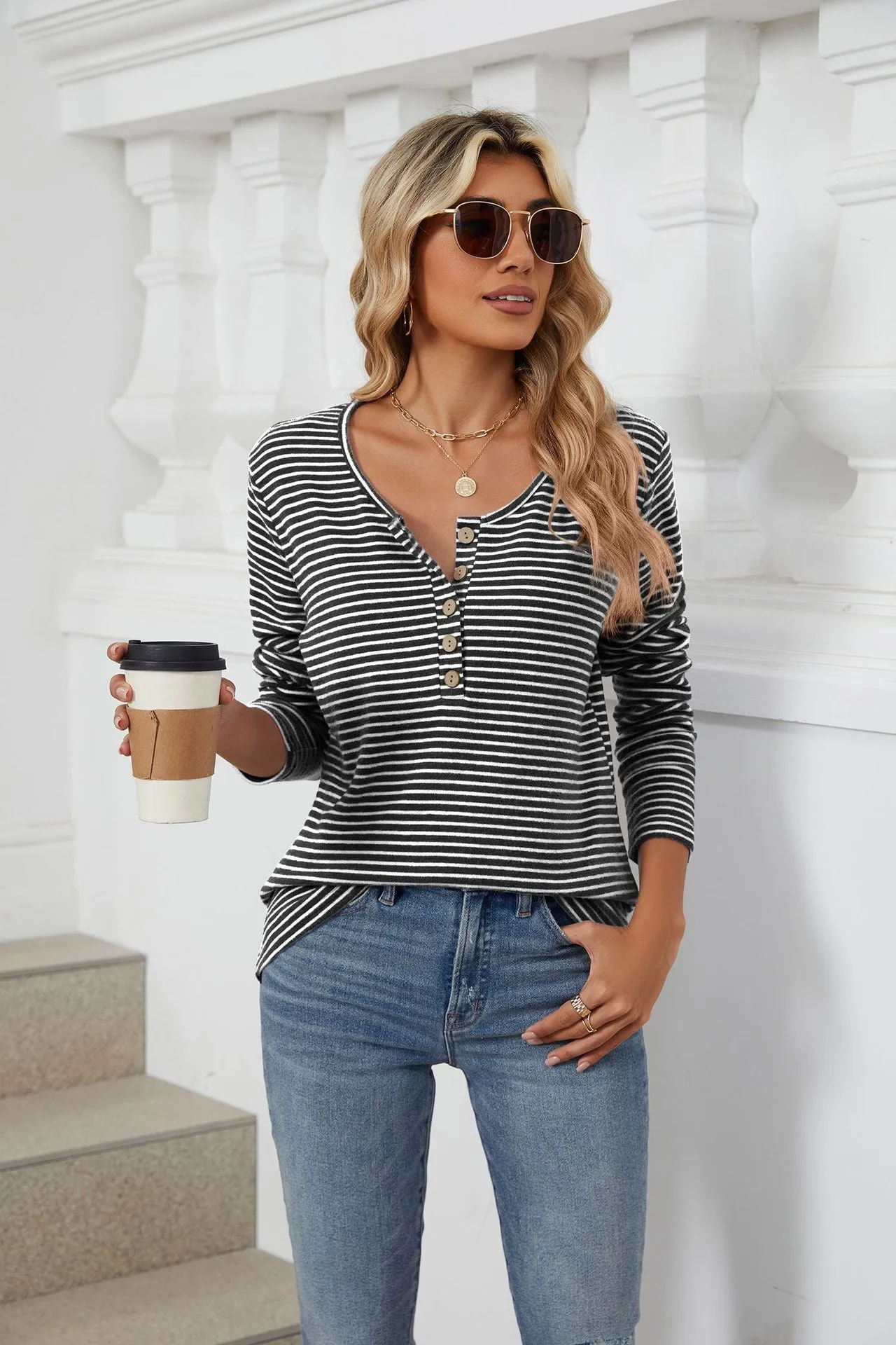 Crew Neck Button Loose Long Sleeve Striped