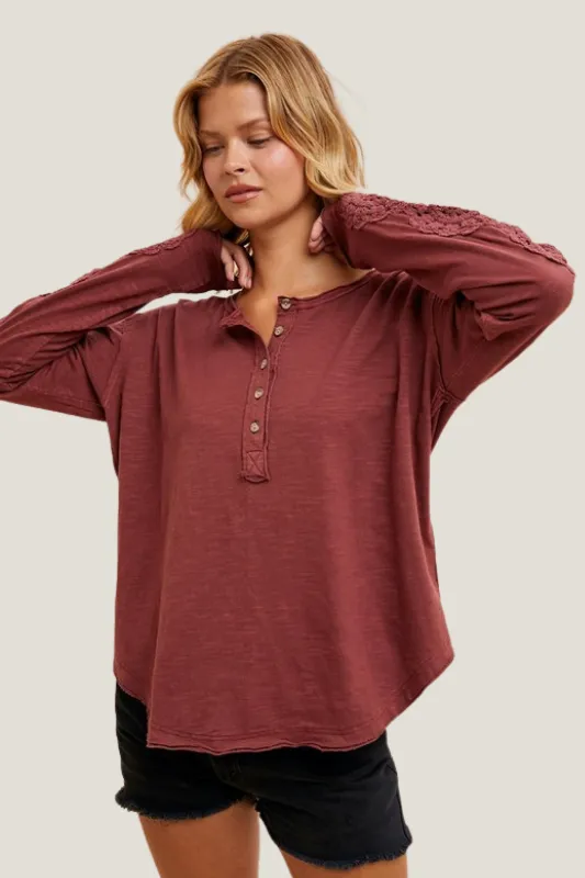 Crochet Sleeve Henley Top (Burgundy)