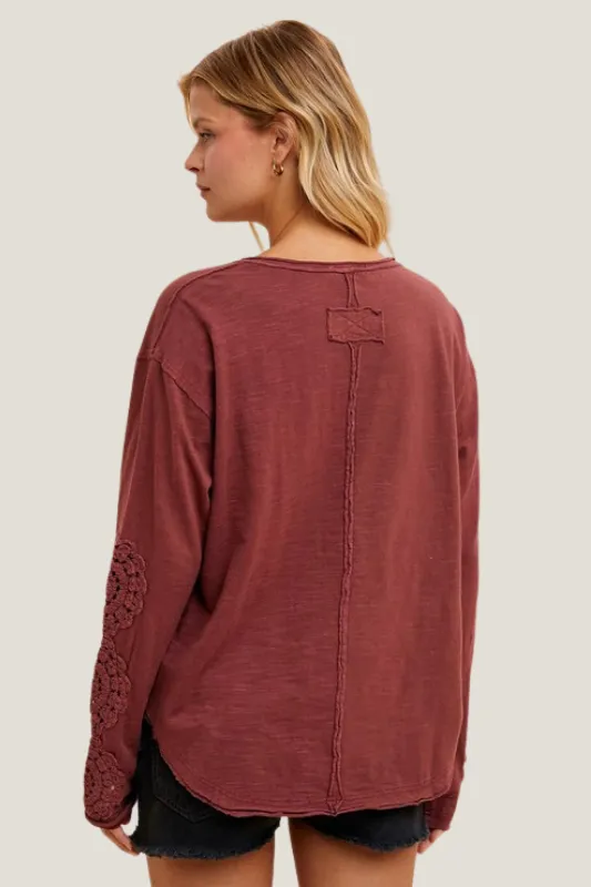 Crochet Sleeve Henley Top (Burgundy)