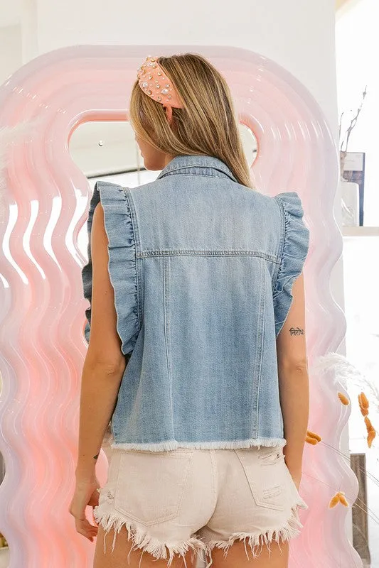 Cropped Ruffled Denim Sleeveless Jacket