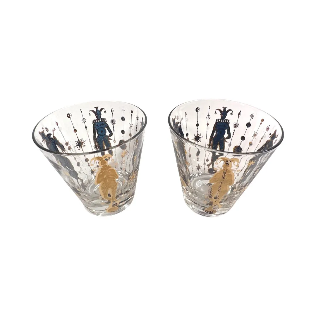 Culver Mid-Century Mardi Gras Jester Double Old Fashion Glasses (Set of 2)