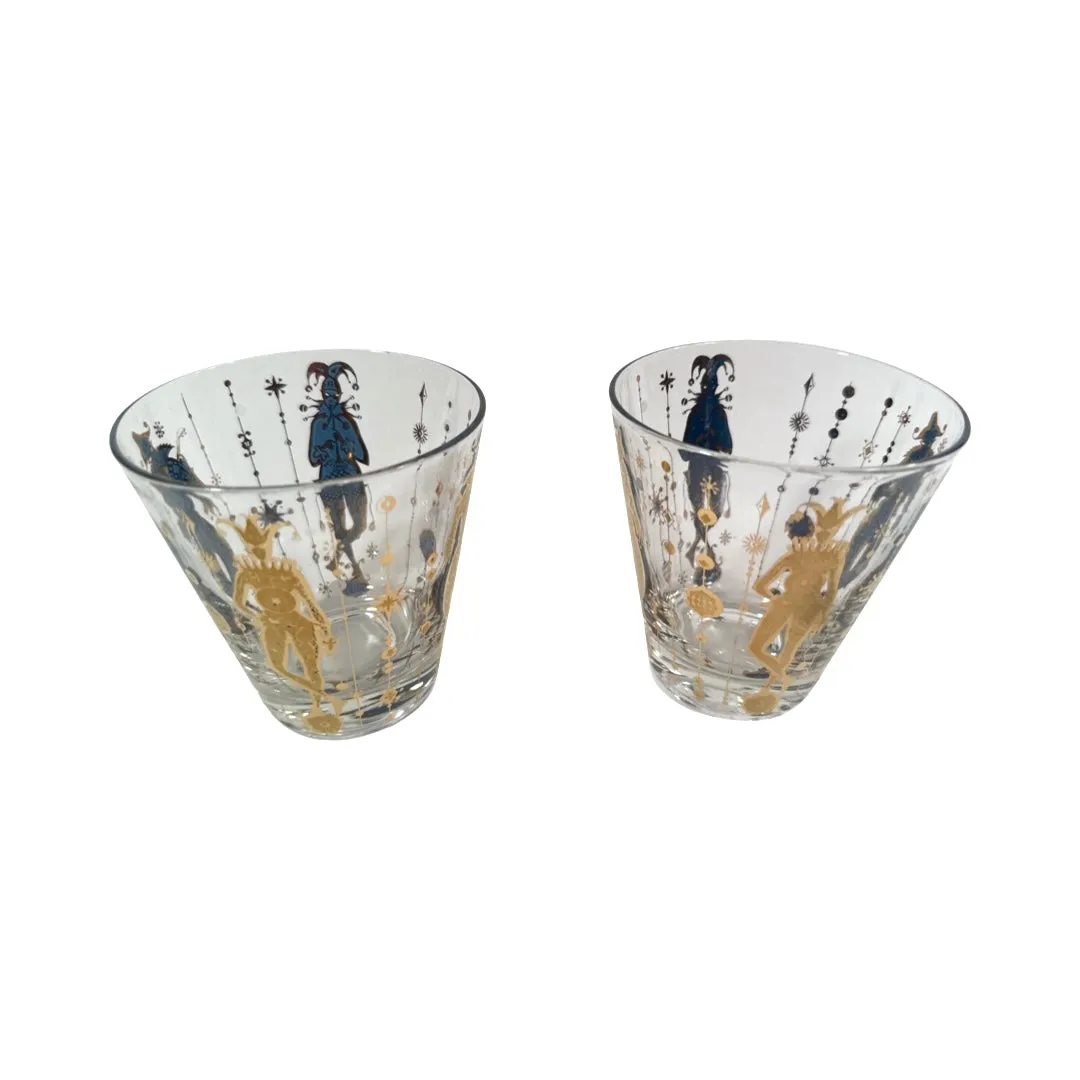 Culver Mid-Century Mardi Gras Jester Double Old Fashion Glasses (Set of 2)