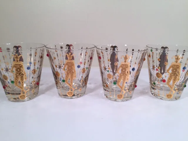 Culver Mid-Century Mardi Gras Jester Double Old Fashion With Jewels Glasses (Set of 4)