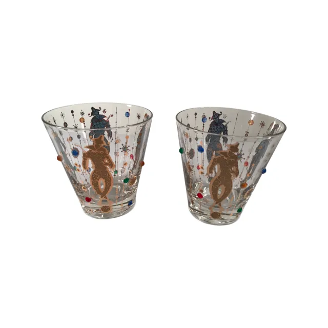 Culver Mid-Century Mardi Gras Jester With Jewels Double Old Fashion Glasses (Set of 2)