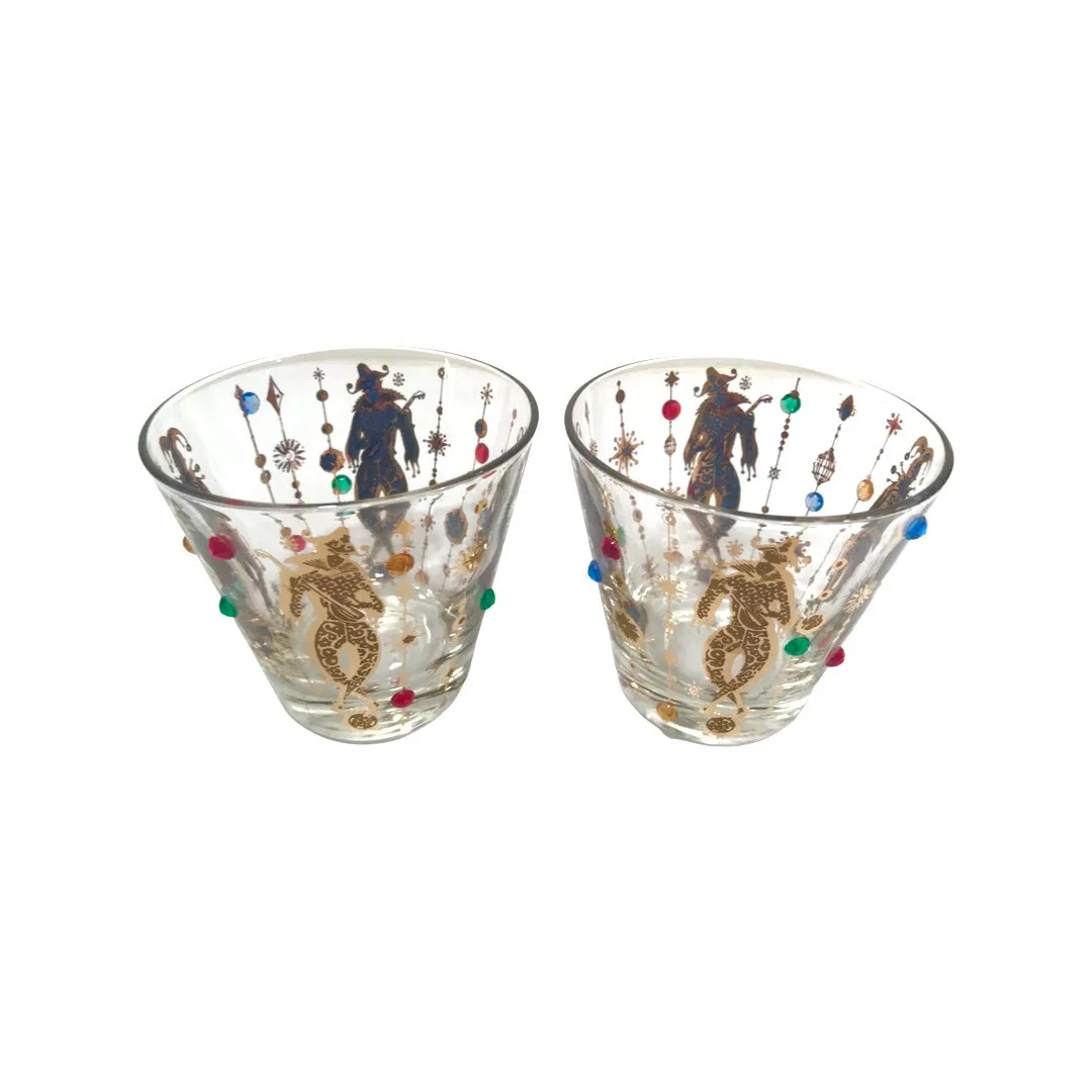 Culver Mid-Century Mardi Gras Jester With Jewels Old Fashion Glasses (Set of 2)