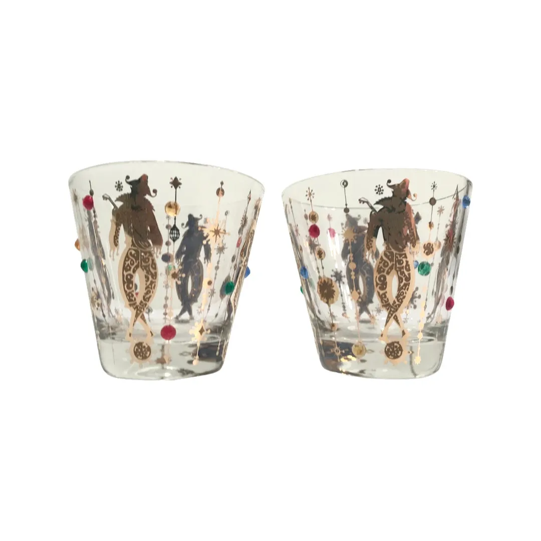 Culver Mid-Century Mardi Gras Jester With Jewels Old Fashion Glasses (Set of 2)